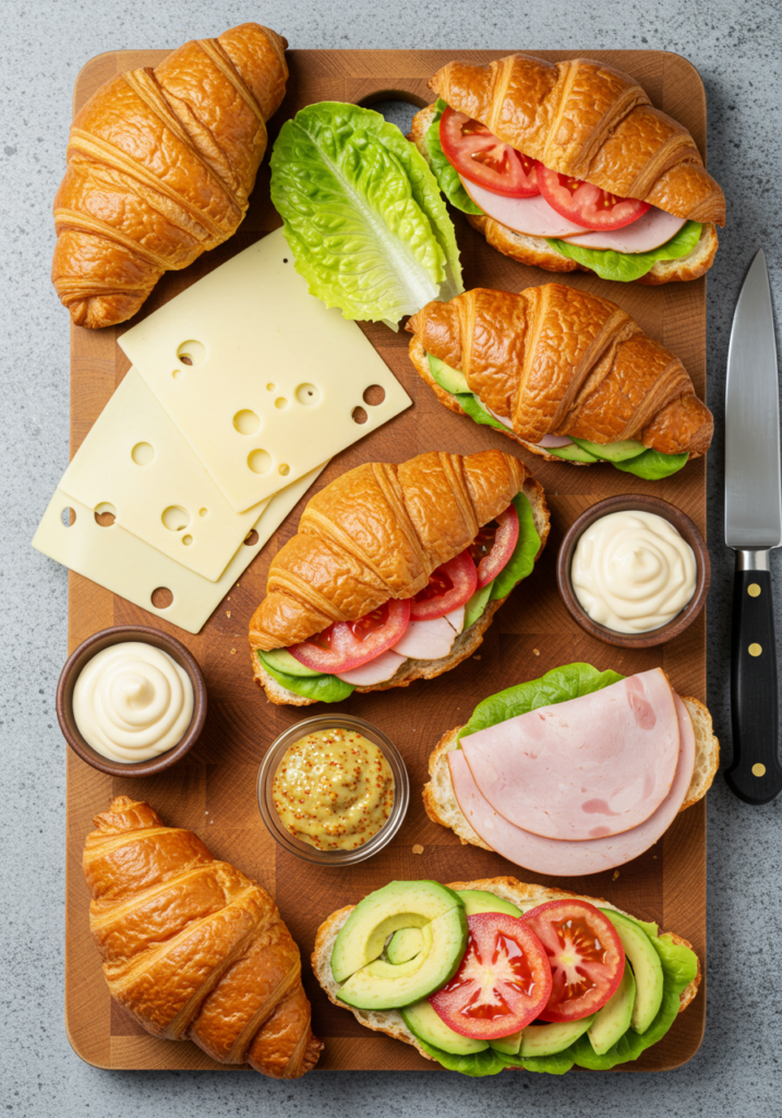  Top-down view of croissants, cheese, deli meat, lettuce, tomatoes, and sauces on a wooden board.