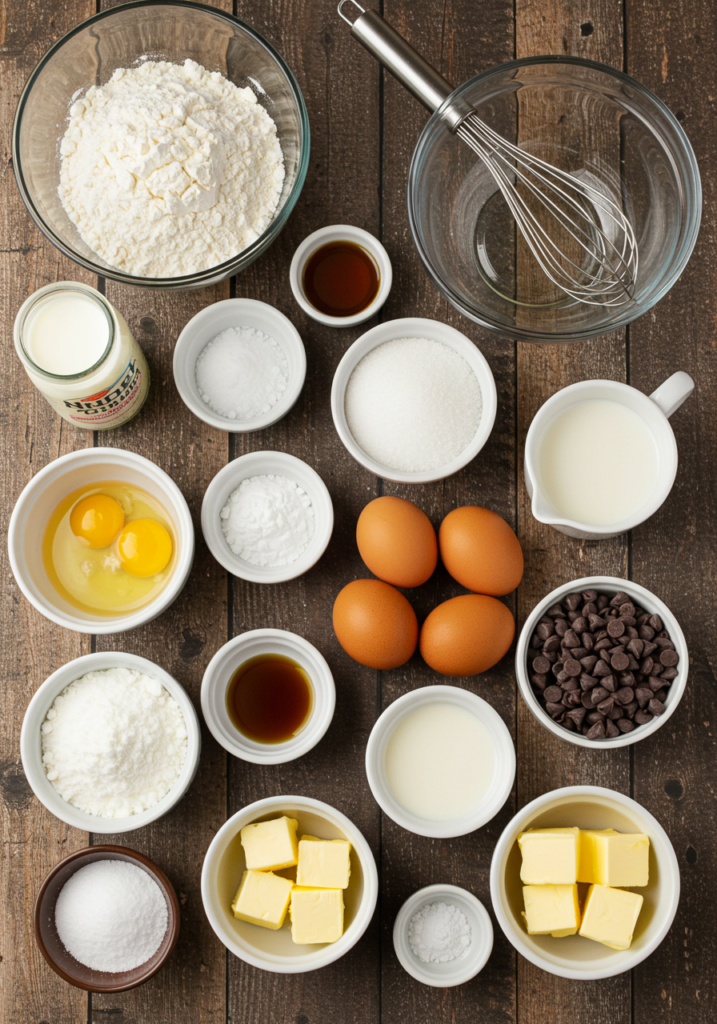 Flat lay of ingredients for pancake poppers, including flour, sugar, eggs, milk, and chocolate chips.