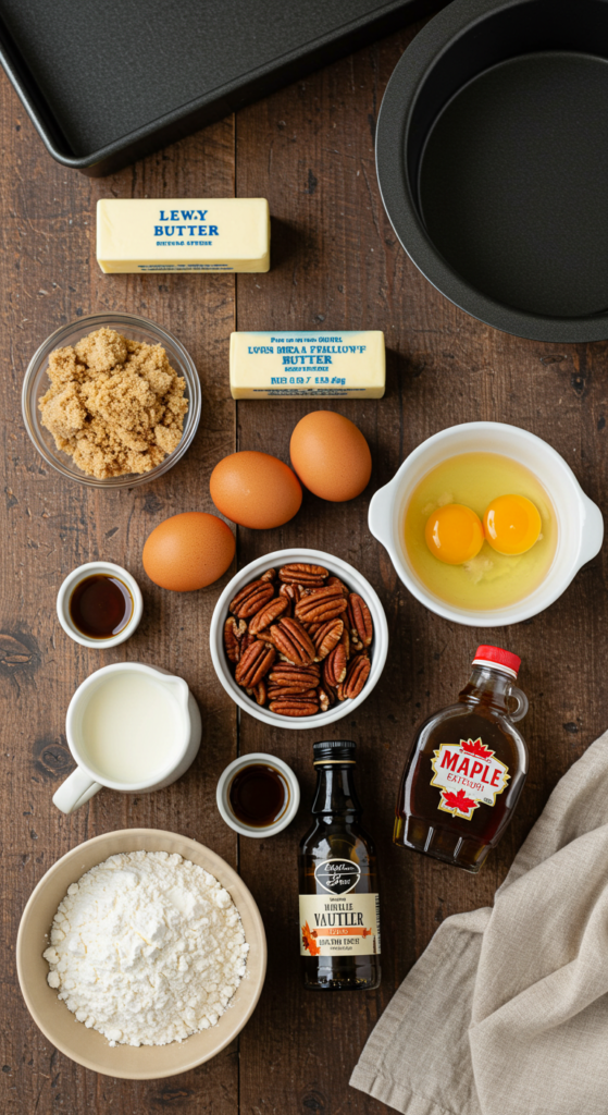 Flat lay of ingredients for pecan upside-down cake, including butter, pecans, flour, eggs, and maple syrup.