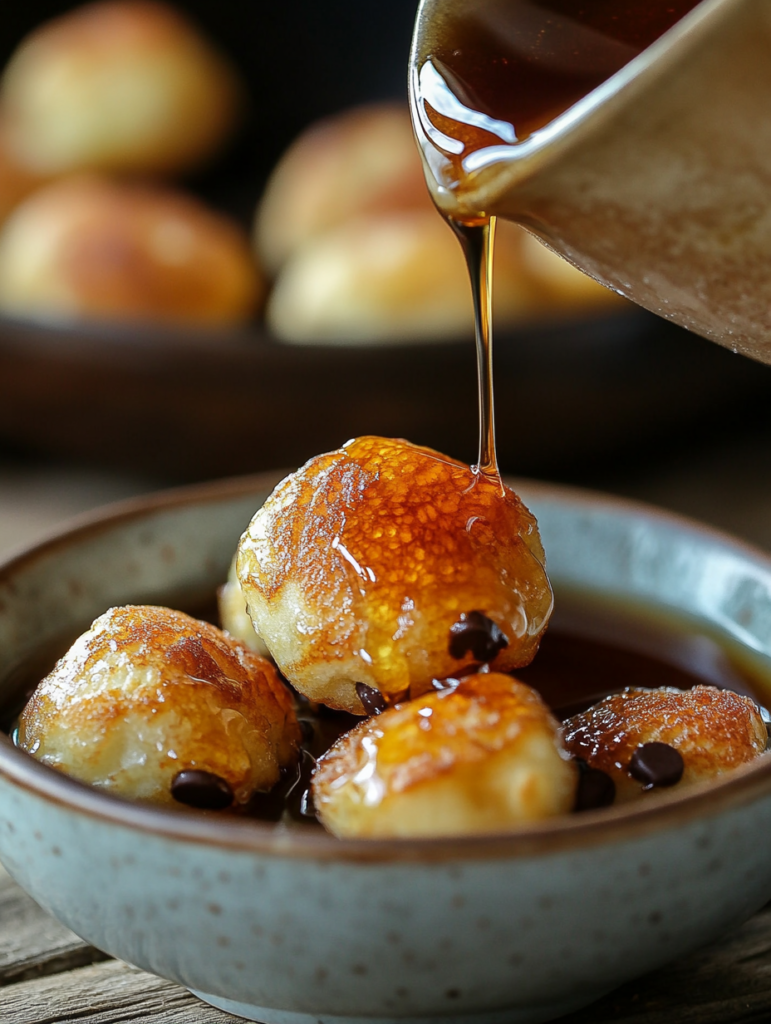 Close-up of golden-brown pancake poppers being dipped into a bowl of glossy maple syrup.