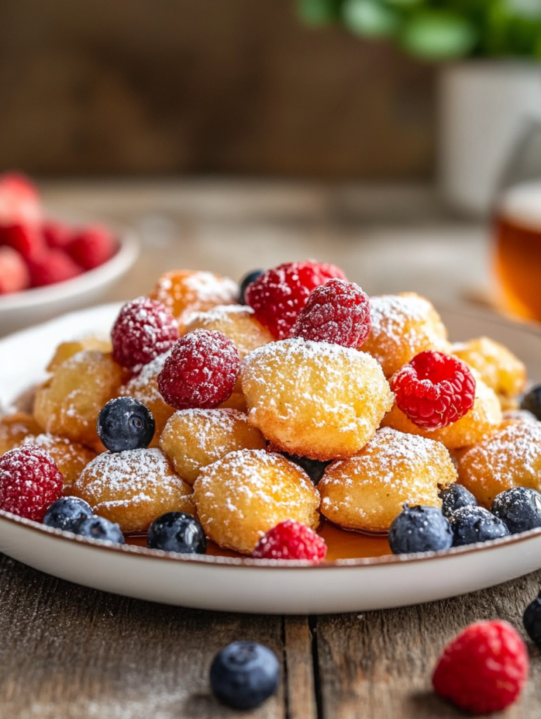 Plate of pancake poppers garnished with fresh berries and a dusting of powdered sugar.