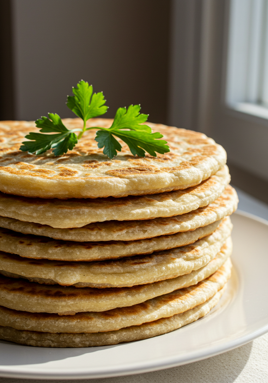 A stack of golden flatbreads on a white plate with a sprig of parsley for decoration.