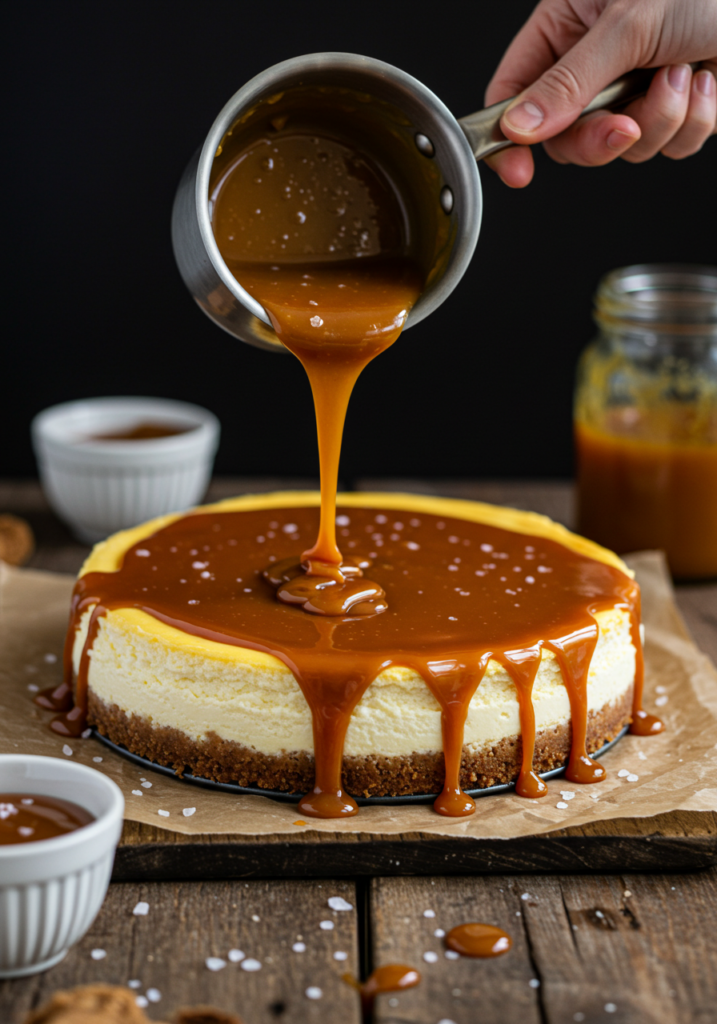 Warm salted caramel sauce being poured over a cooled cheesecake.