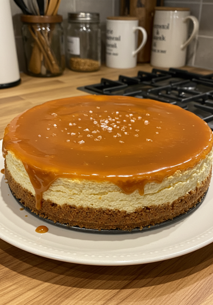 A whole salted caramel cheesecake topped with a drizzle of caramel and a sprinkle of sea salt.