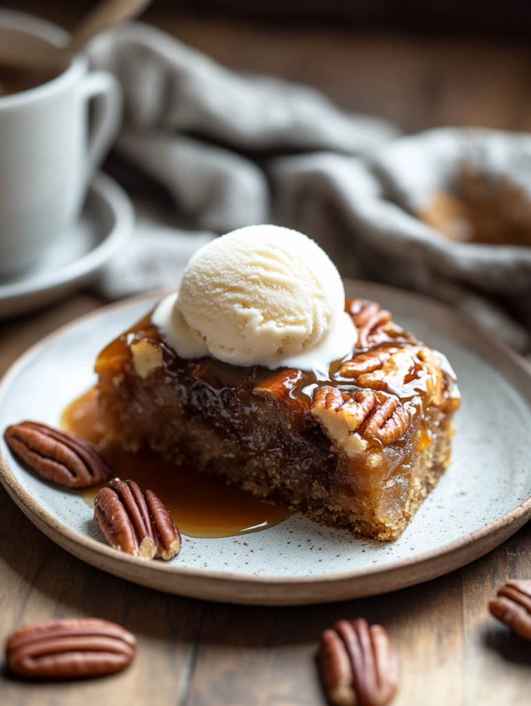 Slice of pecan upside-down cake served with a scoop of vanilla ice cream and caramel drizzle.