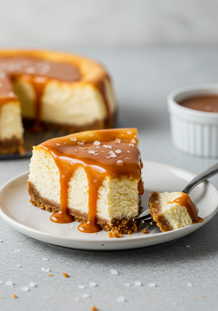 A slice of salted caramel cheesecake served on a dessert plate with a fork.