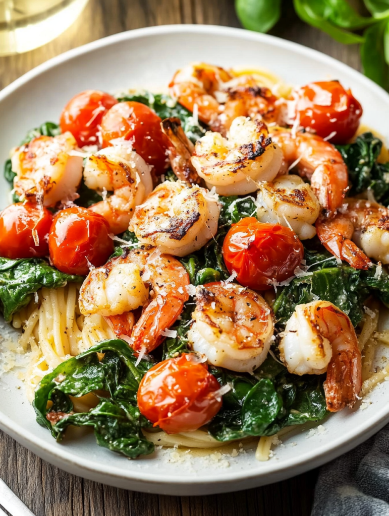 A plate of Tomato Spinach Shrimp Pasta with cherry tomatoes, spinach, and shrimp, garnished with basil and Parmesan.