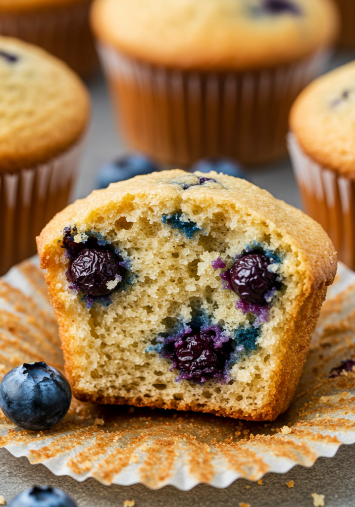 gluten-free blueberry muffin showing its fluffy texture and juicy blueberries.