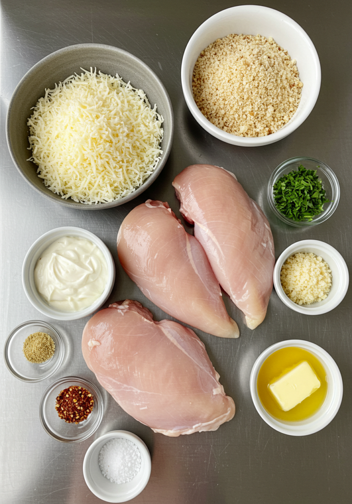 Fresh ingredients for Parmesan-crusted chicken, including chicken breasts, Parmesan cheese, breadcrumbs, ranch dressing, butter, and spices, arranged on a wooden kitchen counter.