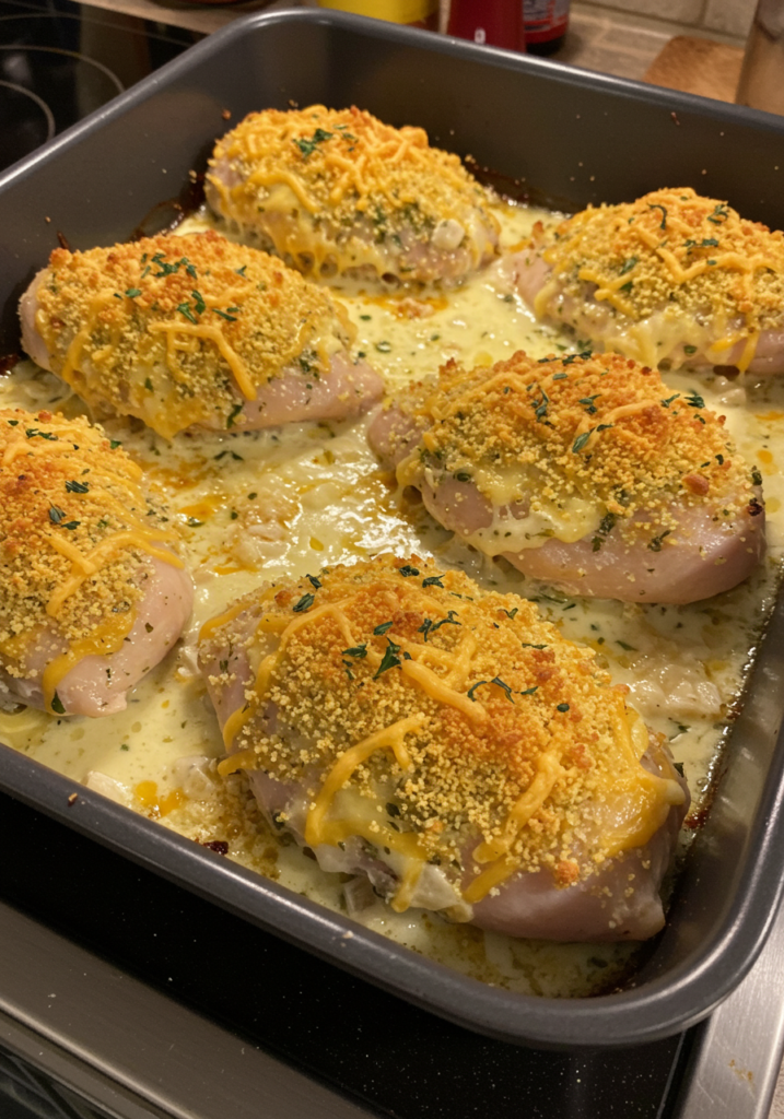 Six Parmesan-crusted chicken breasts in a baking dish, topped with golden breadcrumbs, melted cheese, and fresh parsley