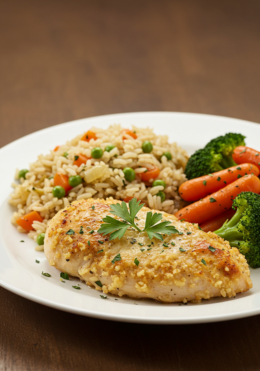 Parmesan-crusted chicken breast served with mashed potatoes and green beans on a rustic wooden table.