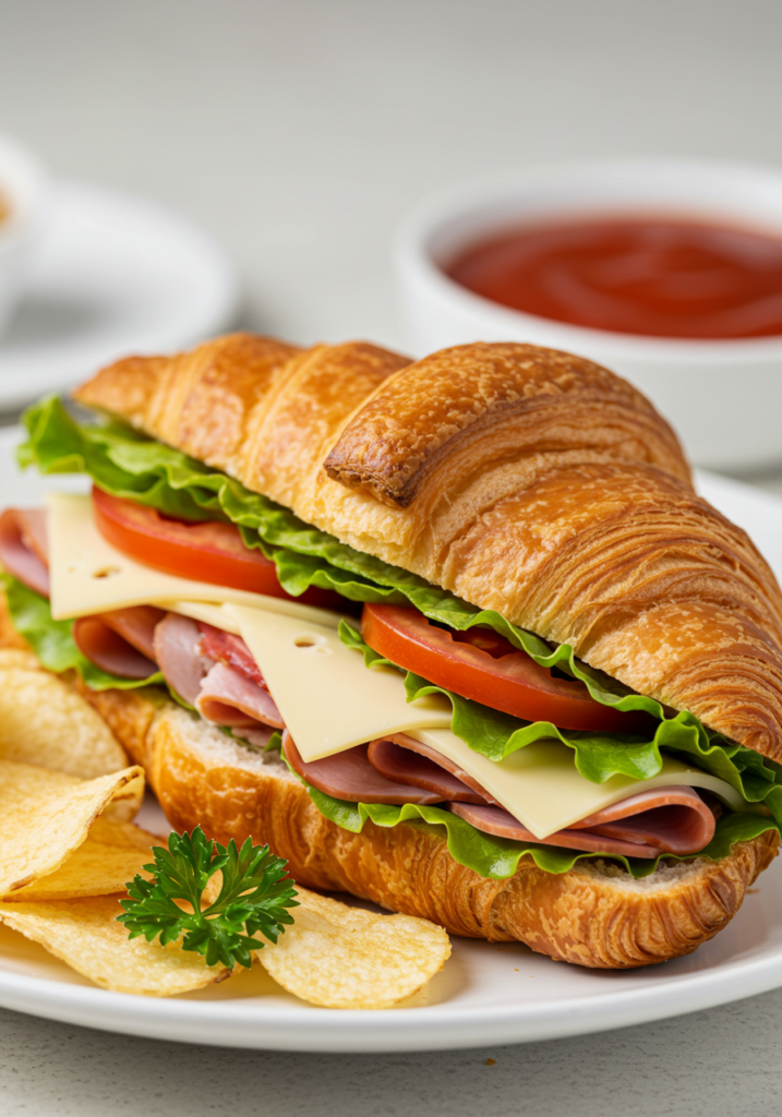 Close-up of a croissant sandwich with lettuce, tomato, cheese, and deli meat on a white plate.