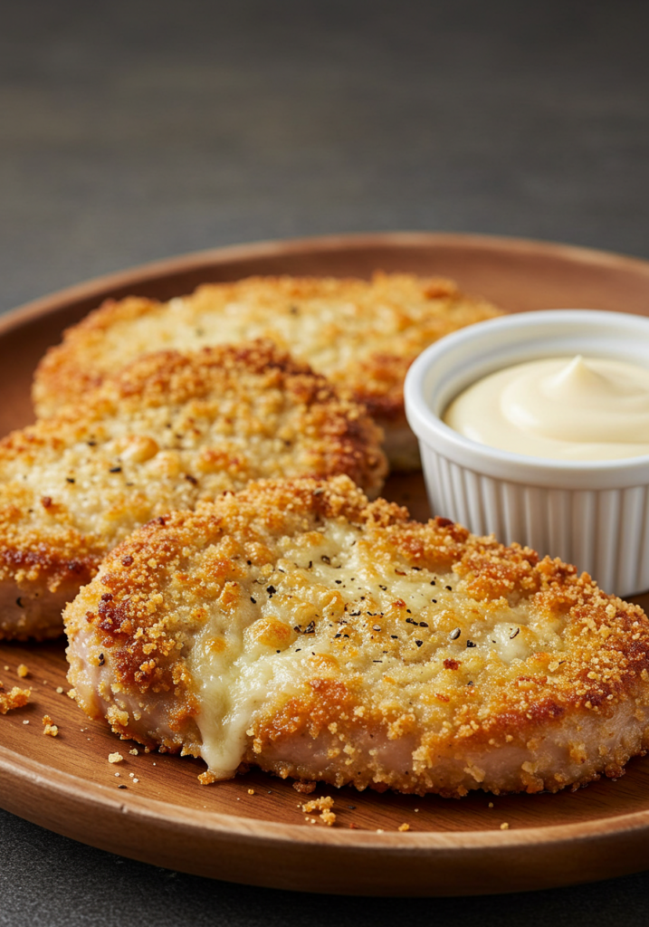 Parmesan-crusted pork chops served on a wooden plate with a side of creamy dipping sauce in a small white ramekin