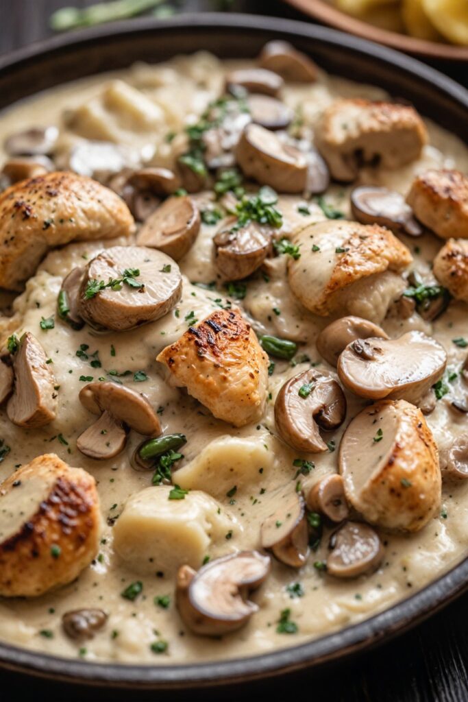 Mushroom Chicken served on a white plate with mashed potatoes and garnished with parsley.