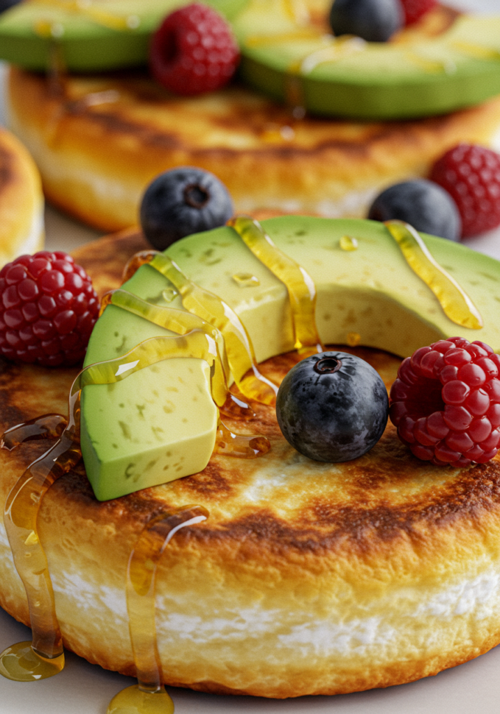 A realistic close-up of a golden-brown cottage cheese flatbread topped with avocado slices, a drizzle of honey, and fresh berries.