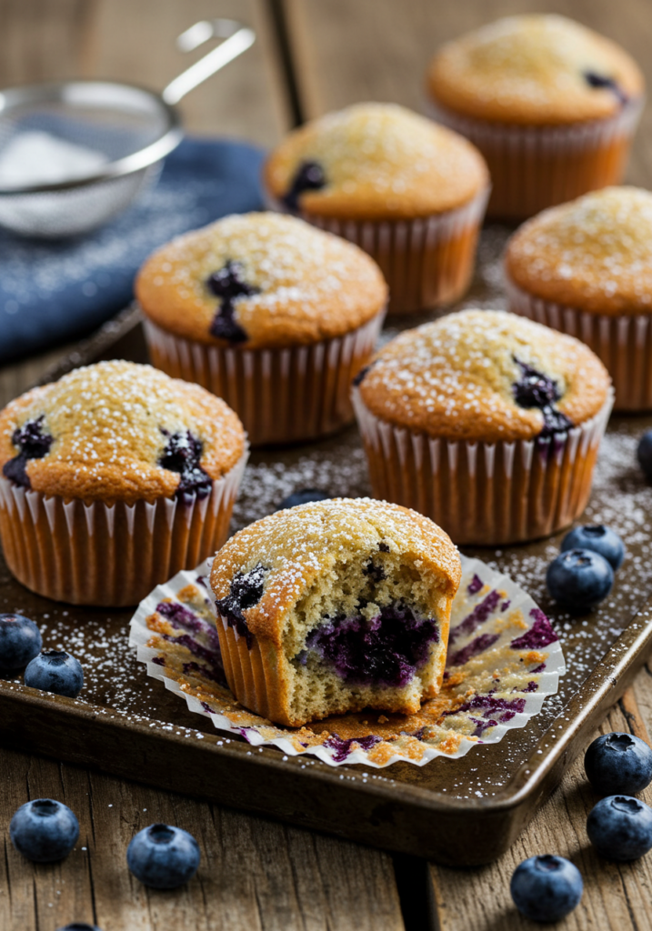  A tray of golden brown gluten-free blueberry muffins with blueberries scattered around.