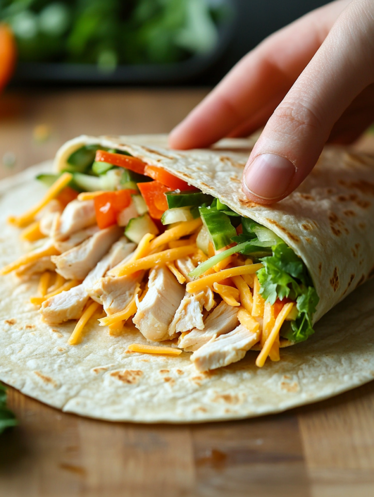 Hands assembling a cheesy garlic chicken wrap with fresh ingredients.