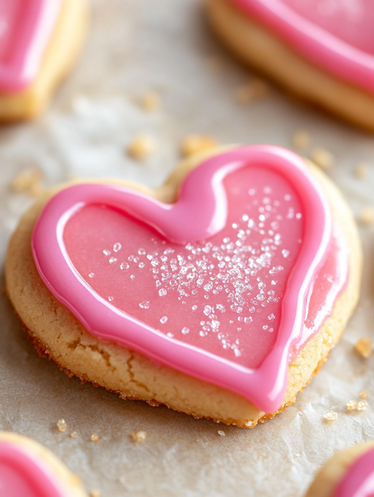 A batch of heart-shaped strawberry cookies rising in the oven, with golden edges forming.