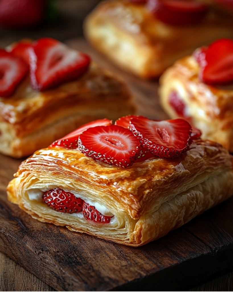 Freshly baked strawberry Danish pastries with golden puff pastry and fresh strawberries.