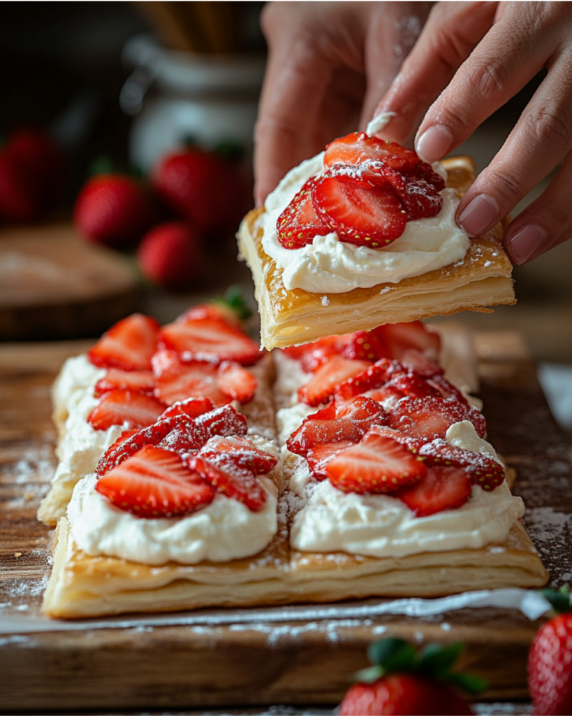 A plate of strawberry Danish pastries served with a cappuccino in a cozy café setting.