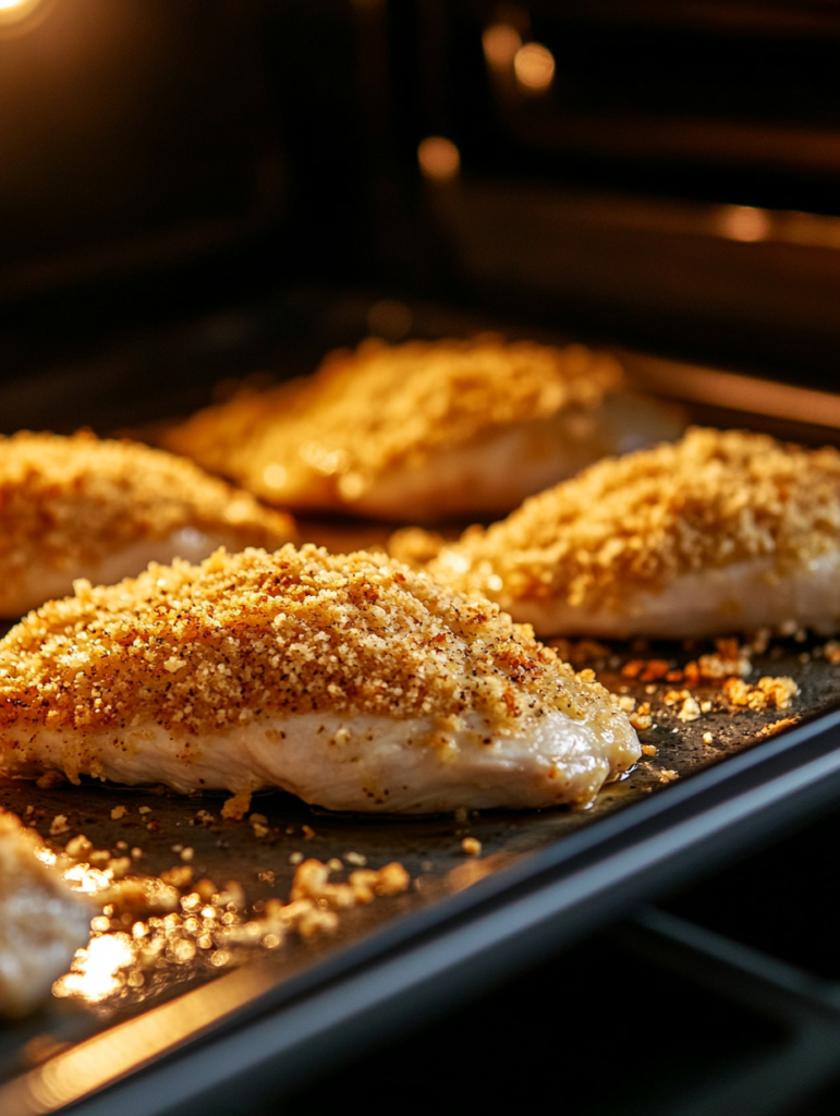 Parmesan crusted chicken baking in the oven