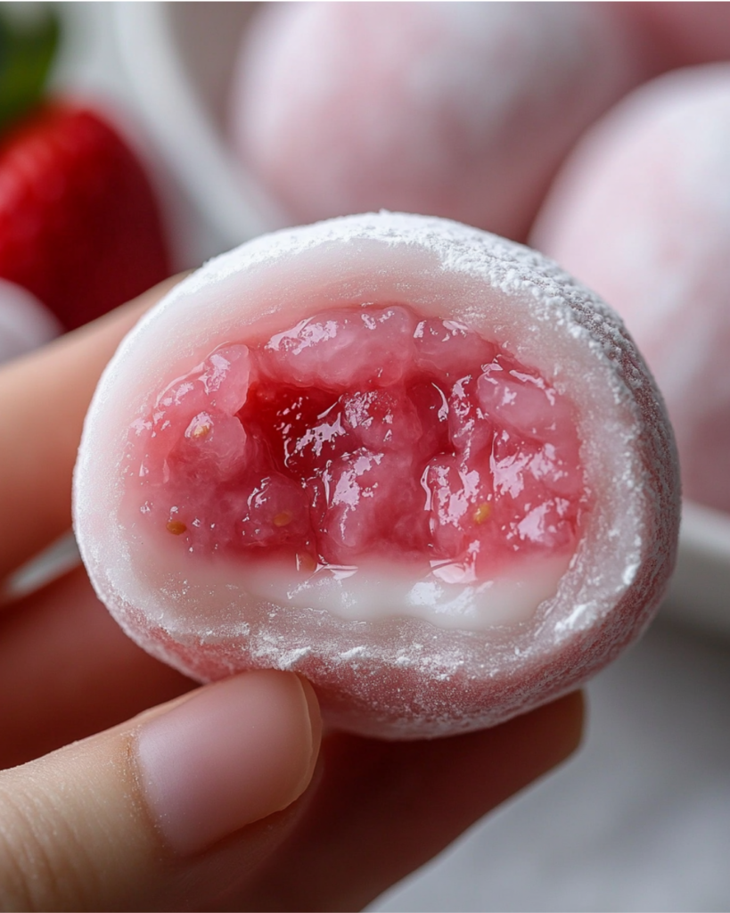 A bitten pink strawberry mochi with a creamy white filling and strawberry jam in the center.