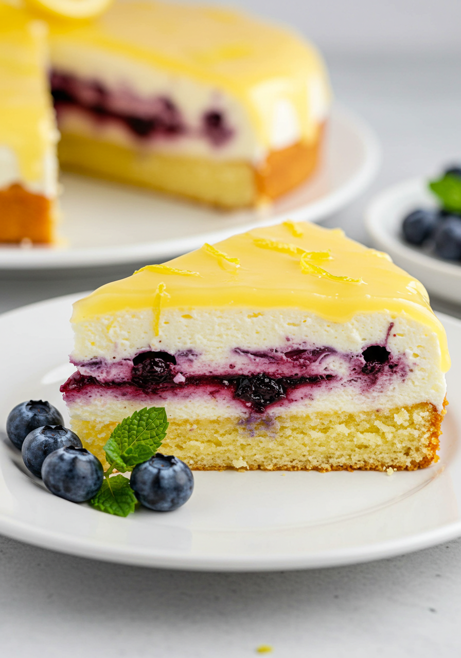 beautifully decorated Blueberry Lemon Crème Cake with lemon glaze and fresh blueberries on a rustic wooden table