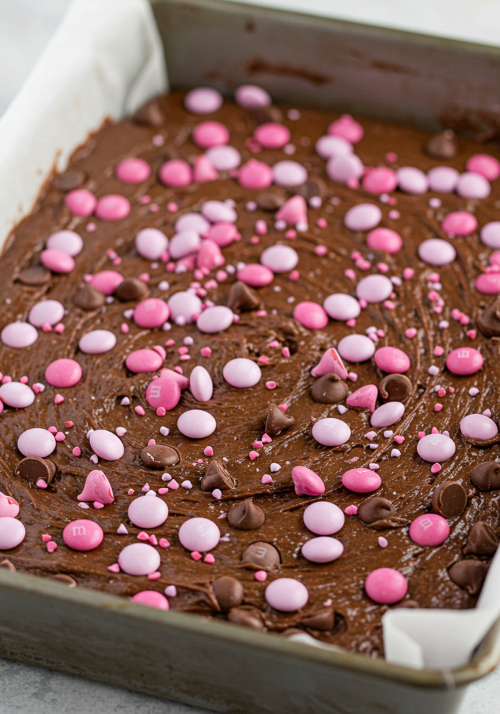 Close-up of unbaked Valentine’s M&M’s brownie batter in a baking pan with M&M’s sprinkled on top