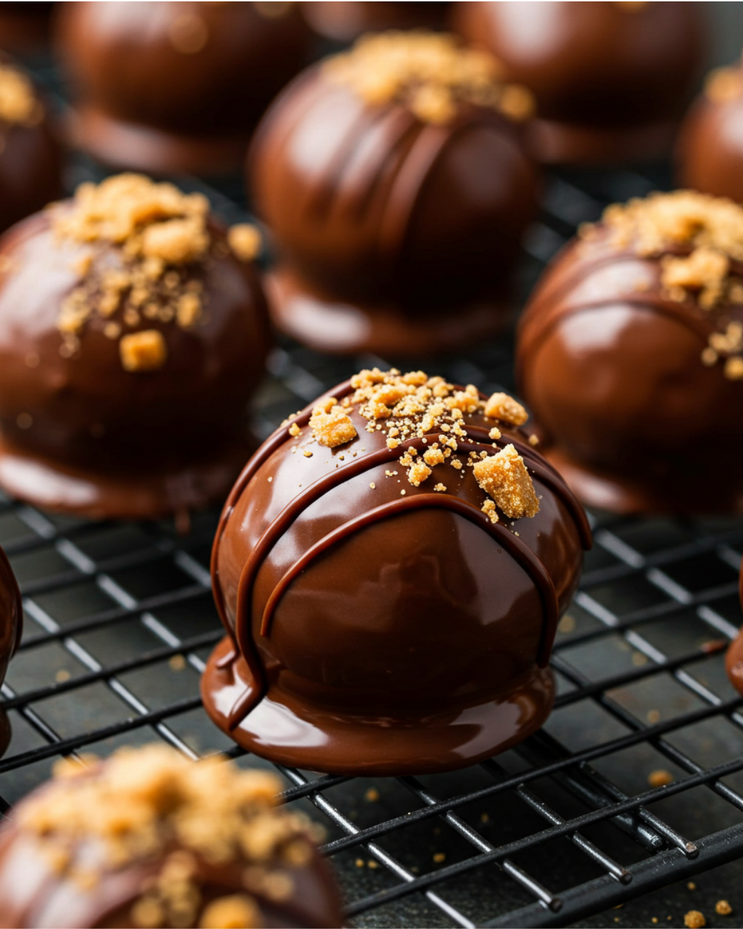 A plate of perfectly coated Butterfinger Balls, some drizzled with white chocolate and others topped with crushed Butterfinger pieces.