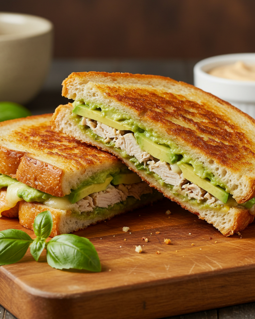 A crispy Chicken Avocado Melt Sandwich sliced in half, showing melted cheese, avocado, and chicken.