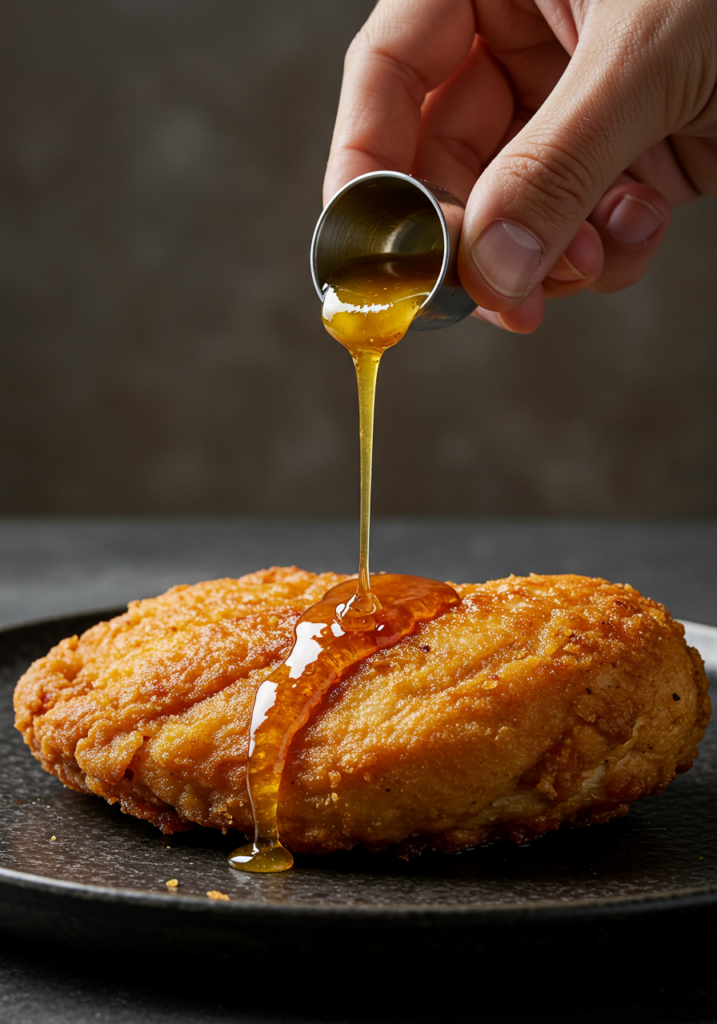 Drizzling hot honey sauce over crispy fried chicken.