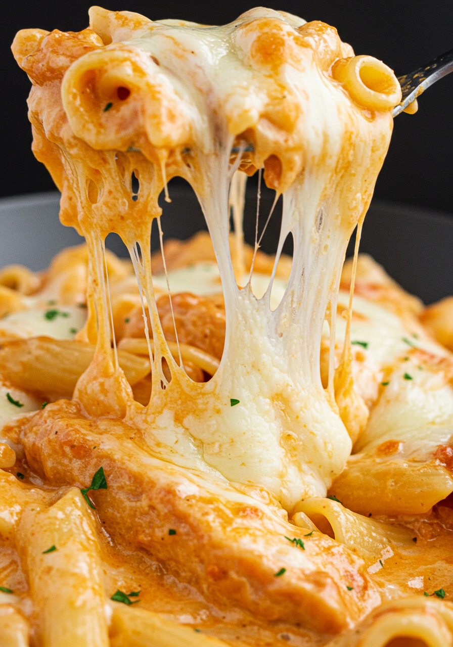 A close-up shot of chicken mozzarella pasta with melted cheese.