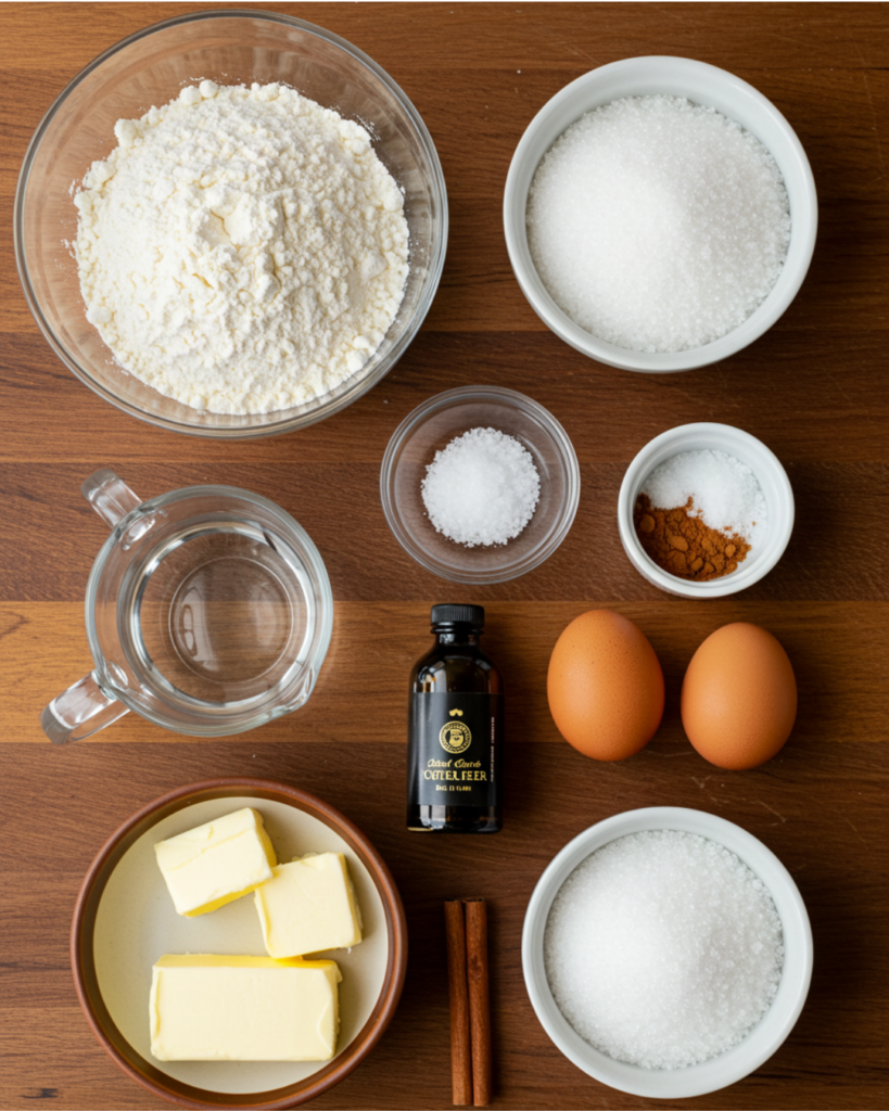 Ingredients for homemade churros, including flour, sugar, butter, eggs, and cinnamon, arranged on a wooden surface.