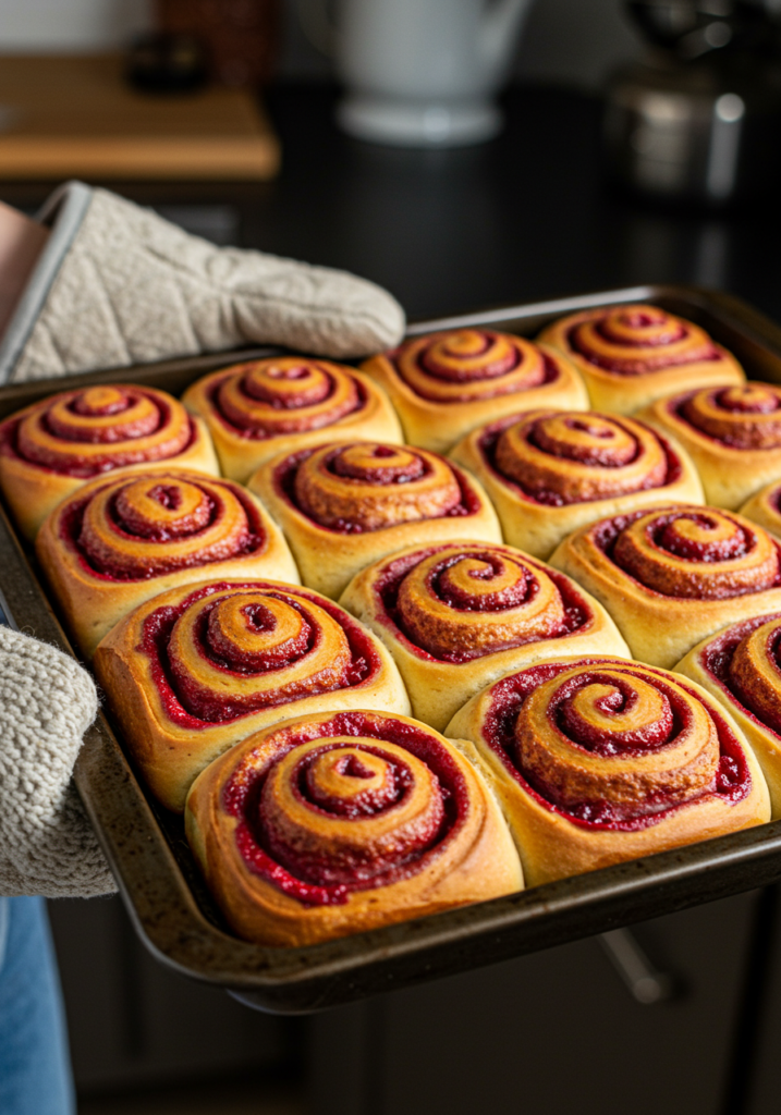 Freshly baked raspberry cinnamon rolls cooling on a tray.