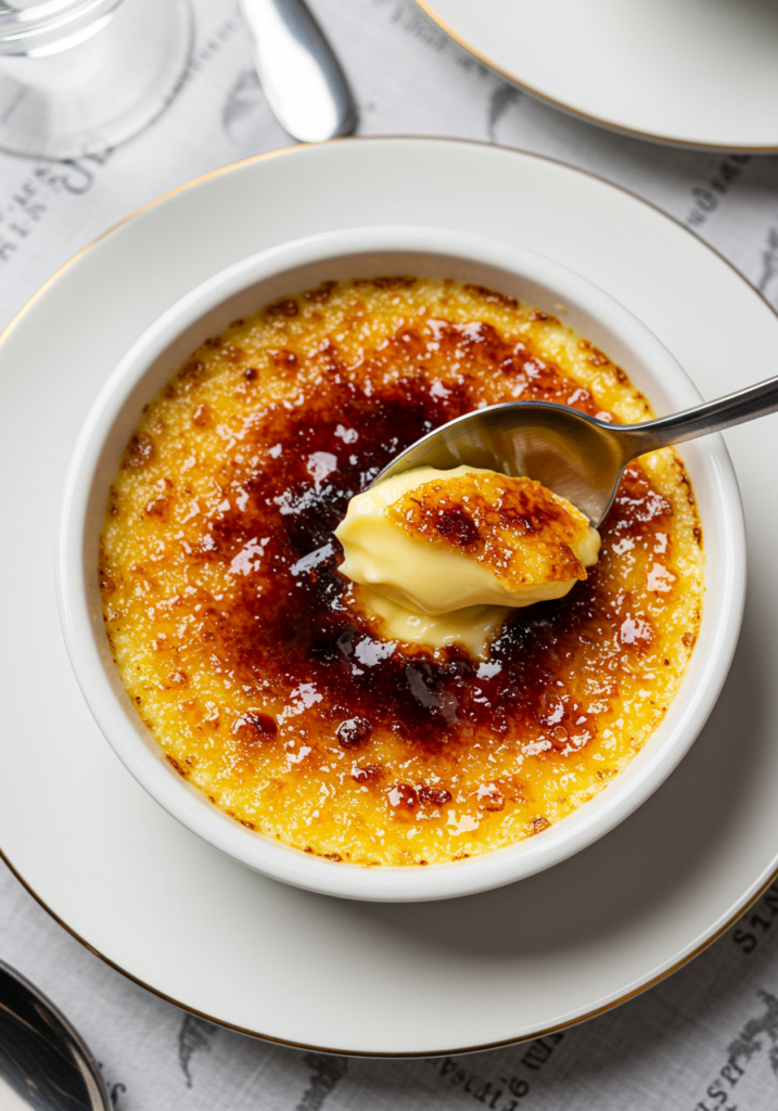 Classic French crème brûlée with a caramelized sugar crust being cracked with a spoon.