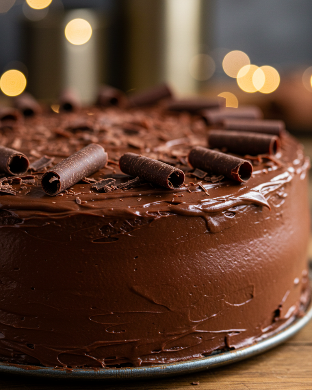 A freshly baked chocolate cake with rich, creamy frosting, homemade style.