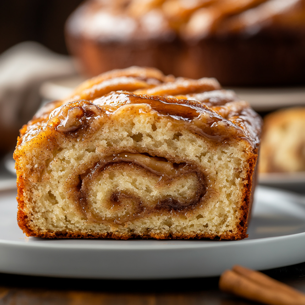 A golden-brown cinnamon swirl quick bread, freshly baked and sliced, revealing a warm swirl of cinnamon inside.