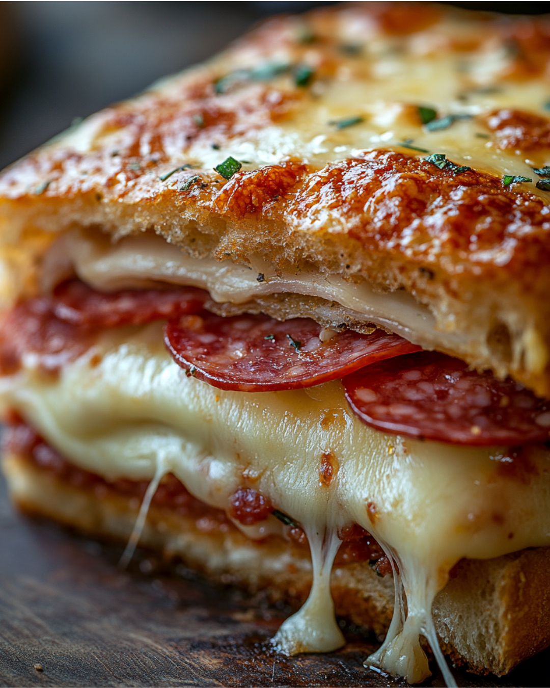 Freshly baked Italian Sub Squares with layers of meat and cheese, served with marinara sauce.