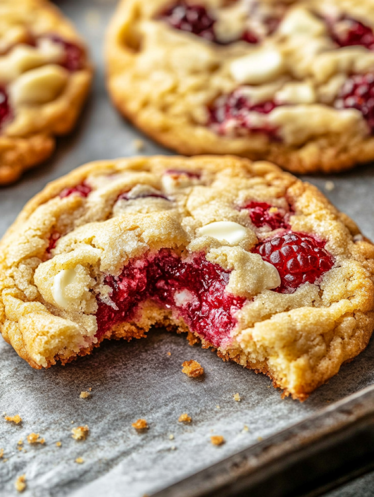 A close-up of a broken lemon raspberry cookie, showing its soft inside with raspberries and white chocolate.