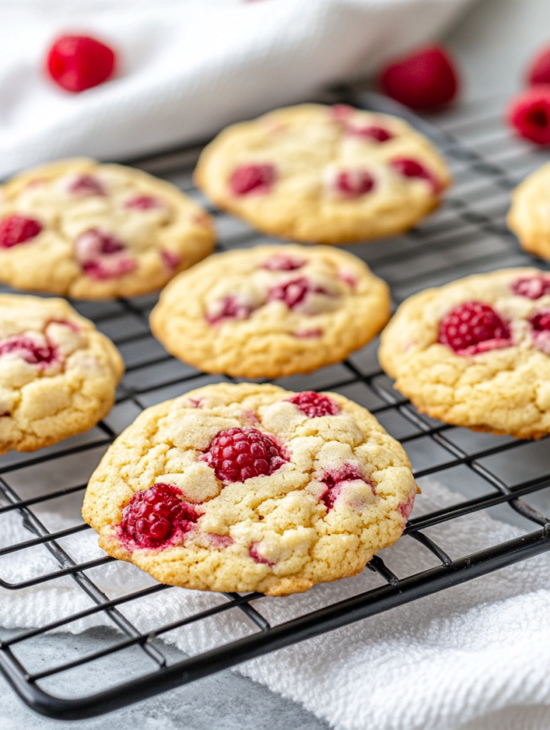 Warm lemon raspberry cookies cooling on a wire rack with raspberries scattered around.