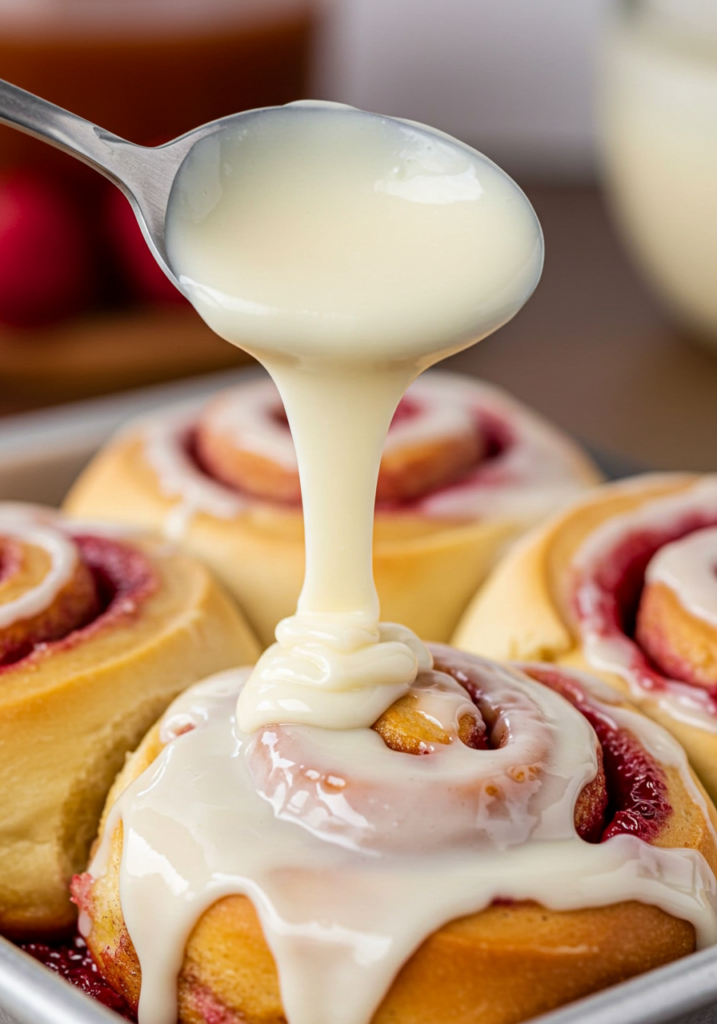 Thick cream cheese glaze drizzling over raspberry cinnamon rolls.