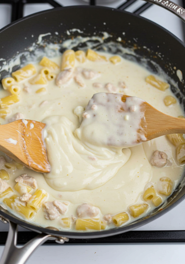  shot of creamy mozzarella sauce being stirred in a pan.