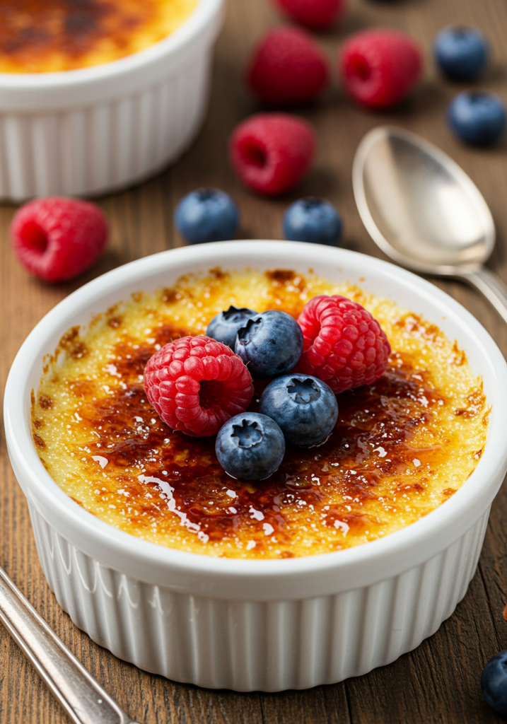 Crème brûlée garnished with fresh berries on a rustic wooden table.