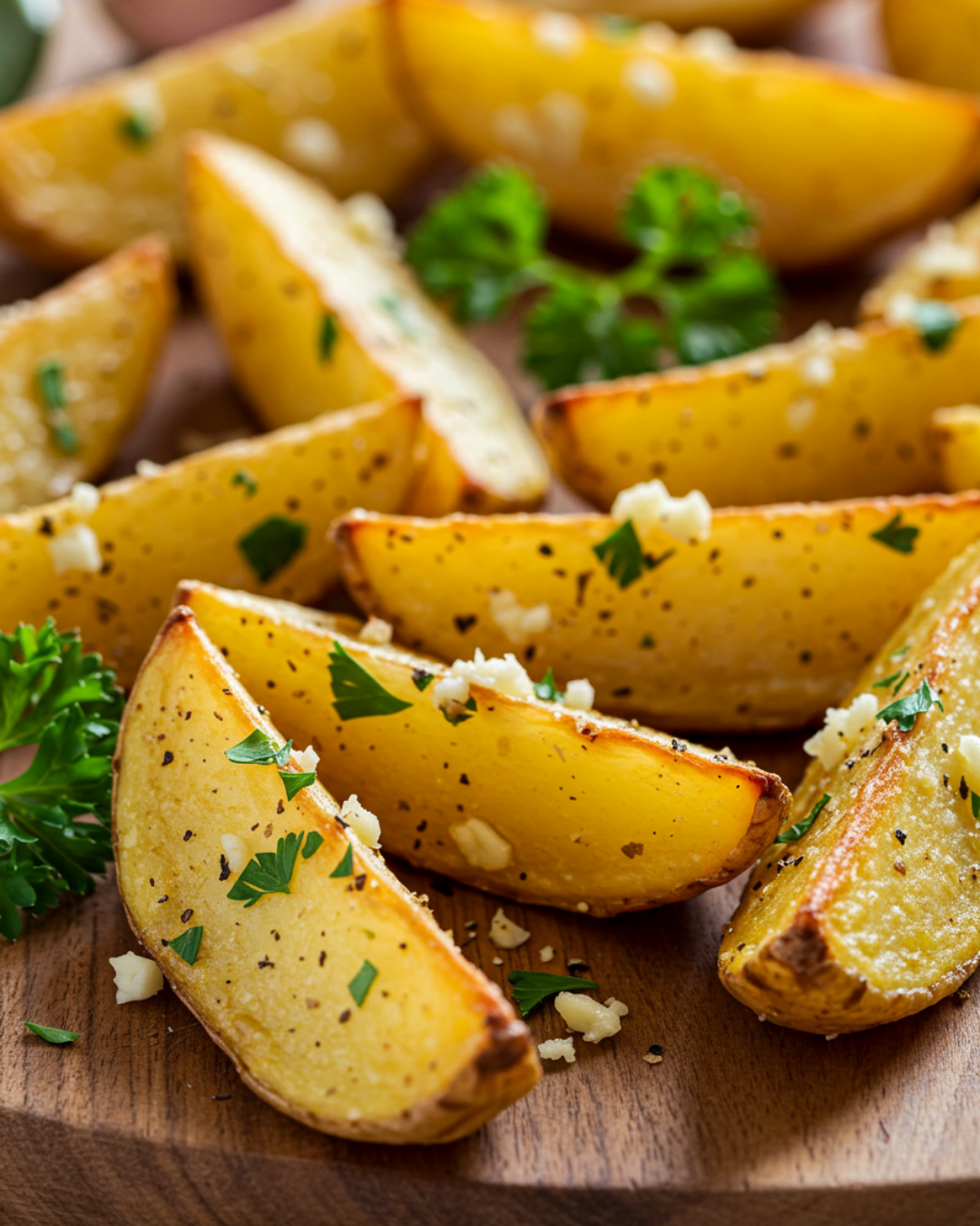 Golden crispy potato wedges coated with garlic, Parmesan, and herbs on a rustic wooden board.