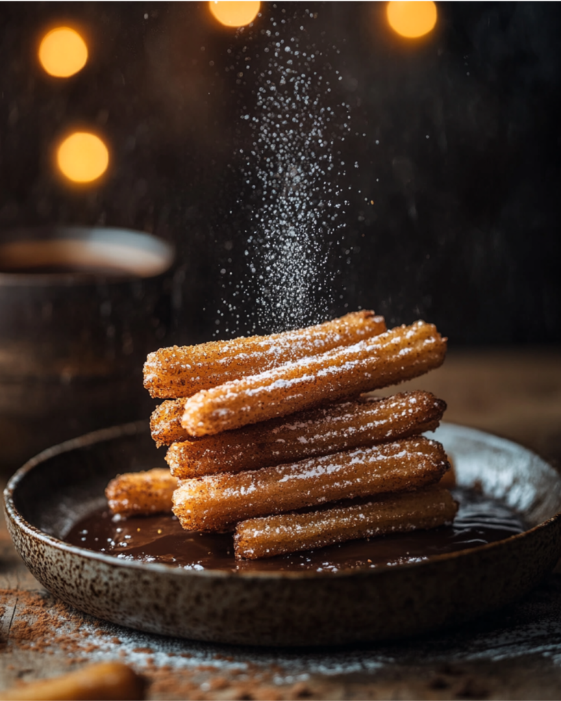 A close-up of crispy golden churros covered in cinnamon sugar on parchment paper.