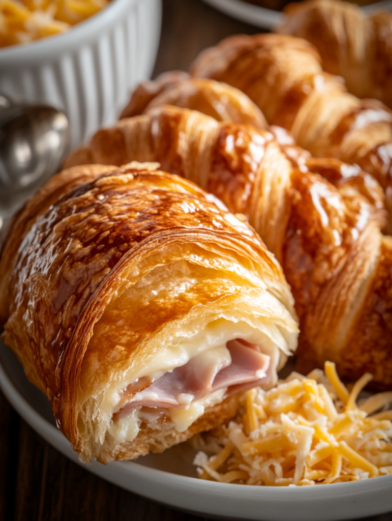 Freshly baked ham and cheese croissants with a golden, crispy crust and melted cheese spilling out.