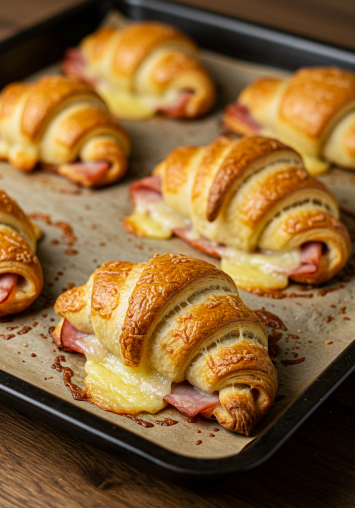 Baked ham and cheese croissants served with a side of fresh salad and coffee on a breakfast table.