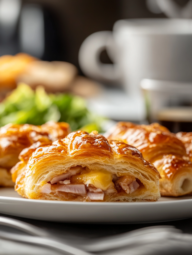 Baked ham and cheese croissants served with a side of fresh salad and coffee on a breakfast table.