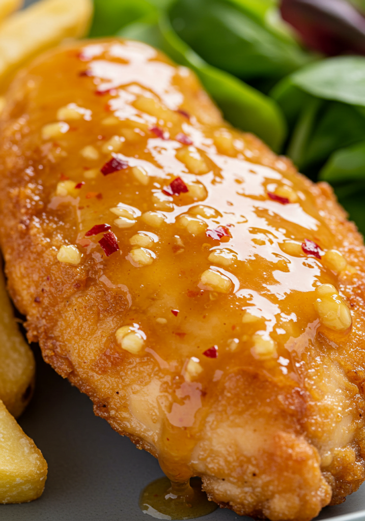 Close-up of crispy chicken glazed with hot honey sauce, served with fries and salad