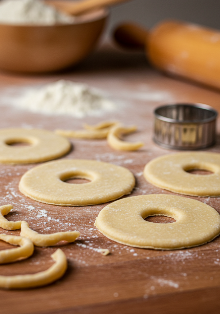 Close-up of raw donut shapes cut out from dough on a floured surface.